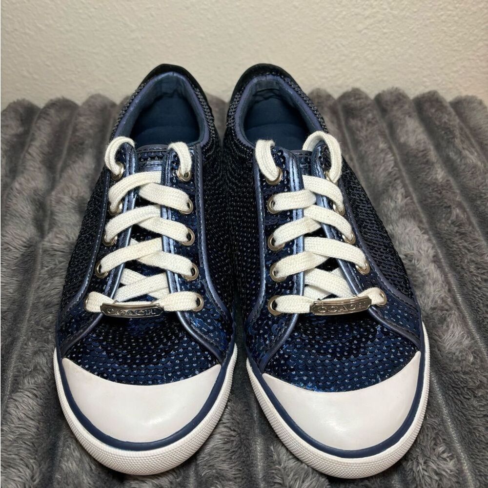 Coach Women's EUC Navy Blue Sequin Sneakers with Navy Leather & white trim. Sz 6 - Picture 4 of 13